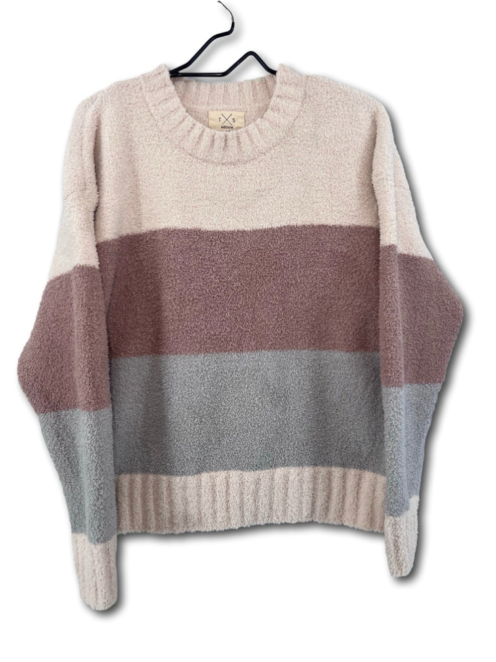 TS Women's Chenille Stripe Sweater Ivory Mauve Gray Woman’s Size Medium Cozy